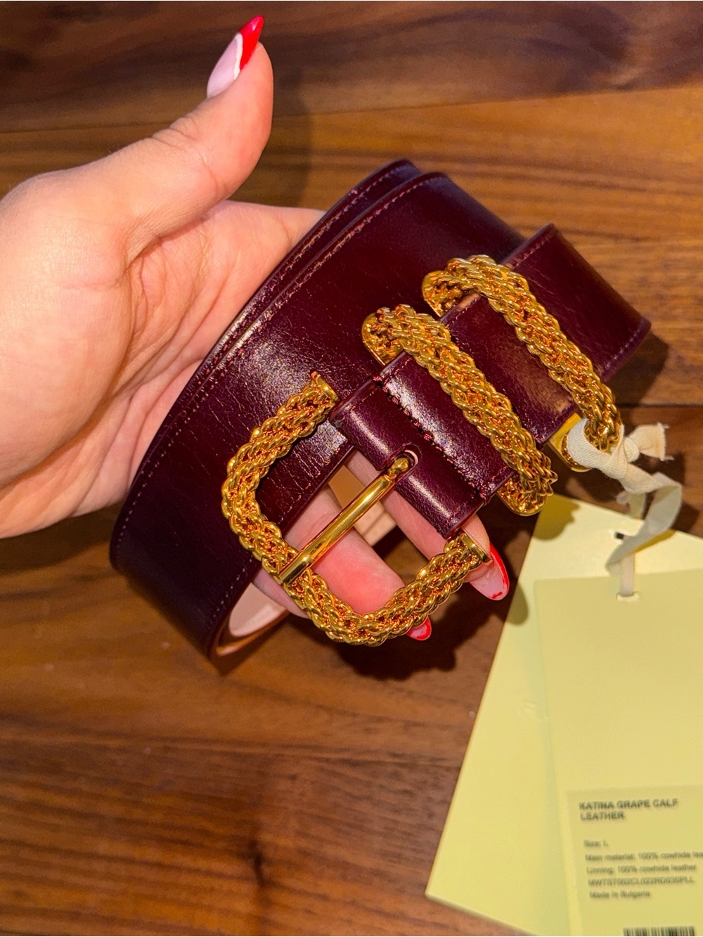 BY FAR Burgundy/Grape Leather Belt with Gold Rope Buckle Katina